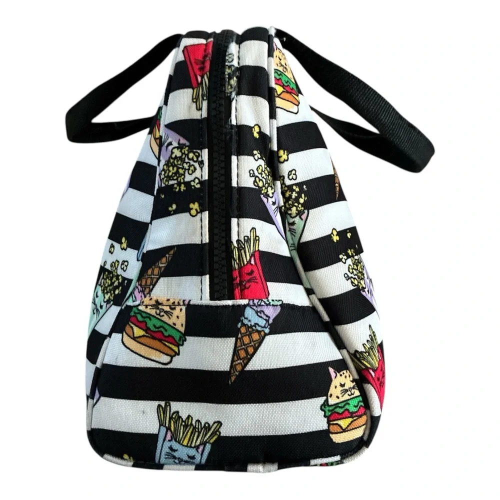 Betsey Johnson Insulated Lunch Bag Cat Print Tote Whimsical Black White Striped